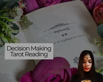 May include: An open book with the word "Definitely" printed on the page, surrounded by pink roses and greenery. The text "Decision Making Tarot Reading" is displayed in a gray box. A lit candle is held in front of a person.