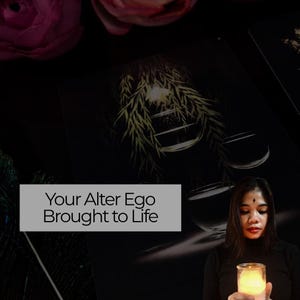 Op de afbeelding: Een vrouw houdt een brandende kaars in een glazen pot, met de tekst "Your Alter Ego Brought to Life" in een grijze rechthoek. De achtergrond bevat donkere kleuren, bloemelementen en een tarotkaartontwerp.