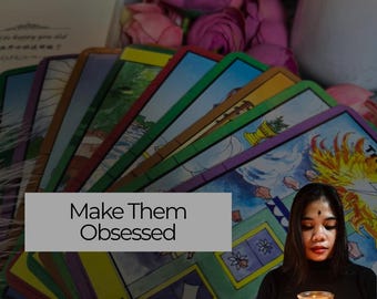 May include: A spread of tarot cards with vibrant artwork, and a woman holding a lit candle. The text "Make Them Obsessed" is on a grey banner. The words "SAMEDAY READING" are also visible. Pink flowers and a white vase are in the background.