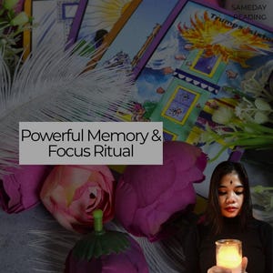 May include: An image featuring a woman holding a lit candle, with tarot cards and flowers in the background. The text "Powerful Memory & Focus Ritual" is displayed on a gray rectangle. The words "SAMEDAY READING" are also visible.