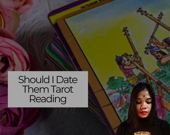 May include: A tarot card reading with the text "Should I Date Them Tarot Reading." The image features a deck of tarot cards, a woman holding a candle, and pink flowers. The words "Sameday Reading" are in the top right corner.