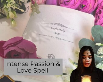 May include: A book with the words "Definitely" and "Love Spell" written on it. The book is surrounded by pink flowers and a person is holding a lit candle.
