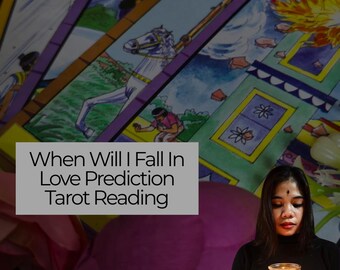 May include: A tarot reading with the text "When Will I Fall In Love Prediction Tarot Reading." The image features a woman holding a lit candle, with tarot cards in the background. The cards have colorful illustrations.