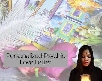 May include: A woman with a bindi on her forehead holds a lit candle in front of a tarot card reading. The card shows a phoenix rising from the flames. The text on the card reads "Sameday Reading". The text below the woman reads "Personalized Psychic Love Letter".