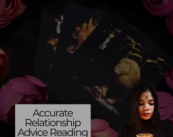 May include: A stack of tarot cards with illustrations of a lion, castle, and other figures. The cards are set against a dark background with pink roses. The text "Accurate Relationship Advice Reading" is displayed.