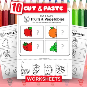 Cut and Paste Fruits & Vegetables learning Activity for Kids by Digi Doodles