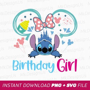 Verjaardag meisje Svg, schattige stripfiguur Svg, Magical Kingdom Svg, muis oor en boog Svg, sterren en ballonnen Svg, png Svg-bestanden om af te drukken