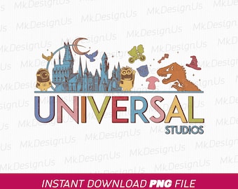 Puede incluir: Un gráfico colorido con el logotipo de Universal Studios, que presenta personajes de dibujos animados y lugares emblemáticos. El texto "UNIVERSAL STUDIOS" se muestra en letras grandes y multicolores. El texto "INSTANT DOWNLOAD PNG FILE" está en la parte inferior.