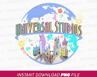 Puede incluir: Una ilustración colorida de un globo terráqueo con las palabras "UNIVERSAL STUDIOS" en una fuente de arcoíris. El globo está rodeado de imágenes del castillo de Hogwarts, un dragón y otras imágenes con temática de Harry Potter.