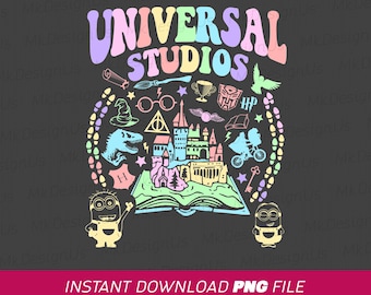 Puede incluir: Un diseño gráfico negro con las palabras "UNIVERSAL STUDIOS" en colores pastel. El diseño incluye ilustraciones de un dinosaurio, un sombrero de mago, gafas, un castillo, un libro, una llave y dos Minions. El texto "INSTANT DOWNLOAD PNG FILE" está en la parte inferior.