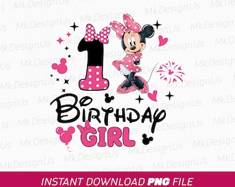 Ratón rosa de cumpleaños PNG, primer cumpleaños de niña, diseño de sublimación (descarga instantánea)