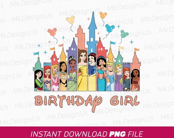 Princess Birthday Girl PNG, Magical Kingdom, Balloons (Instant Download)