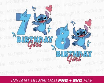 Könnte beinhalten: Digitales Design mit der Figur Stitch aus Lilo & Stitch, mit den Zahlen 7 und 8, den Worten "BIRTHDAY Girl" und Luftballons. Das Design ist in Blau- und Rosatönen gehalten, mit dem Text "INSTANT DOWNLOAD PNG + SVG FILE".
