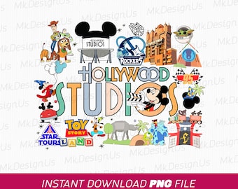 Puede incluir: Una ilustración digital colorida de varios personajes y atracciones de Disney de Hollywood Studios. El texto "Hollywood Studios" aparece en letras grandes y coloridas. Los personajes incluyen a Mickey Mouse, Woody, Buzz Lightyear y un personaje de Star Wars.