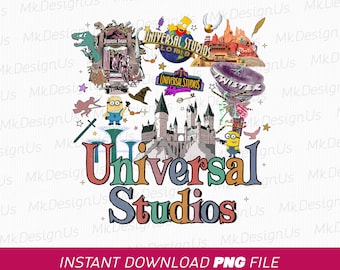 Puede incluir: Una ilustración digital colorida de Universal Studios Florida con varias atracciones, incluyendo Jurassic Park, Hogwarts y los Simpsons. El texto "Universal Studios" está escrito en una fuente grande y colorida.