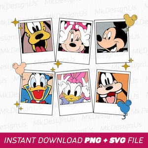 May include: A digital download featuring six cartoon character portraits in polaroid-style frames. Characters include Mickey Mouse, Minnie Mouse, Donald Duck, Daisy Duck, Goofy, and Pluto. The image includes text that reads "INSTANT DOWNLOAD PNG + SVG FILE".