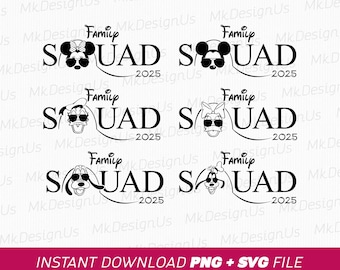May include: Four black and white images of Disney characters with the text "Family Squad" and the year "2025". The characters are Mickey Mouse, Minnie Mouse, Donald Duck, and Goofy.