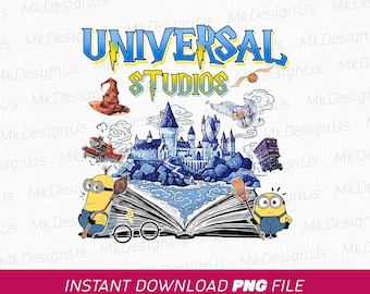 Puede incluir: Una ilustración digital de un libro con un castillo azul y blanco, un sombrero de mago, un búho volando y dos Minions. El libro está abierto y el texto "UNIVERSAL STUDIOS" está encima del libro.