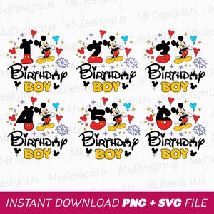Bundle Birthday Boy Svg, Birthday Mouse Svg, Birthday Numbers Svg, Mouse Ear Balloons and Stars Svg, Png Svg Files, Instant Download