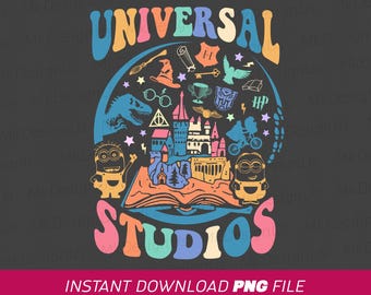 Puede incluir: Un diseño gráfico colorido con el texto "UNIVERSAL STUDIOS" en un estilo retro. El diseño incluye un mapa del parque temático Universal Studios con varias atracciones, incluyendo el Castillo de Hogwarts, un dinosaurio y los icónicos Minions.