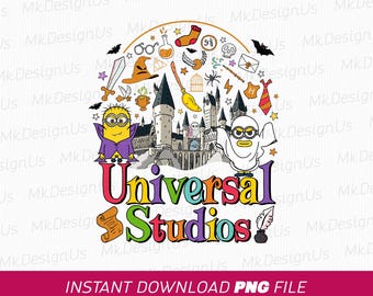 Puede incluir: Una ilustración colorida del logotipo de Universal Studios con un Minion y un personaje fantasma. El logotipo está rodeado de varios iconos con temática de Harry Potter, incluyendo un castillo, una escoba, una varita mágica y una snitch dorada.