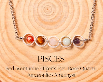Pisces Necklace,Natural Crystal Necklace,Beaded Zodiac Sign Astrology Choker,Silver Steel Jewelry,Birthday Gifts for Her,Gemstone Necklace