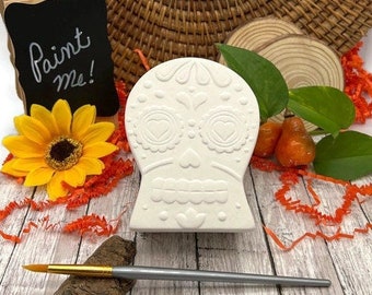 Caja de calavera de azúcar, cerámica de Halloween para pintar, proyecto de manualidades de otoño, cerámica lista para pintar para el Día de los Muertos