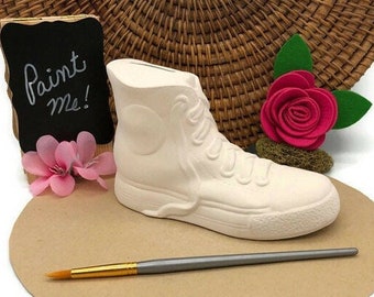 High Top Sneaker Coin Bank, Personalize Your Own Sports Shoe, Ceramic Bisque, Ready to Paint Pottery, DIY Arts and Crafts Supplies