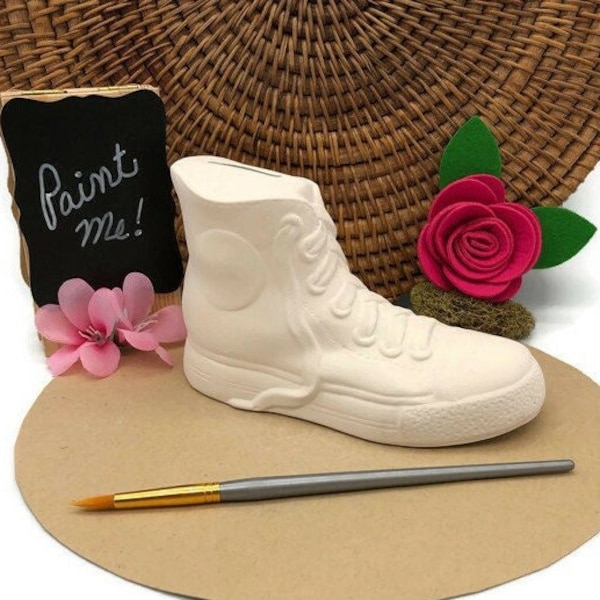 High Top Sneaker Coin Bank, Personalize Your Own Sports Shoe, Ceramic Bisque, Ready to Paint Pottery, DIY Arts and Crafts Supplies