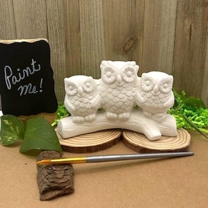Owl Family, 3 Owls Sitting on Tree Branch, Ceramic Bisque, Ready to Paint Pottery, DIY Craft Project for an Owl Lover