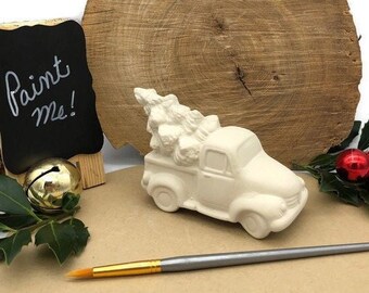 Christmas Vintage Truck Mini, Classic Pick Up with Holiday Tree, Ceramic Bisque Blank, Ready to Paint, DIY Project