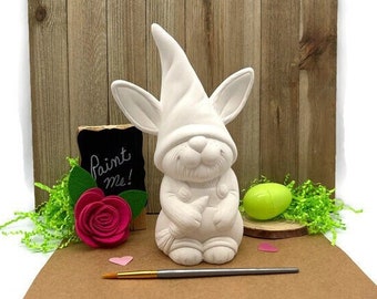 Easter Gnome in Overalls with Bunny Ears and Carrot, Ceramic Bisque, Ready to Paint Pottery, DIY Arts and Craft Project
