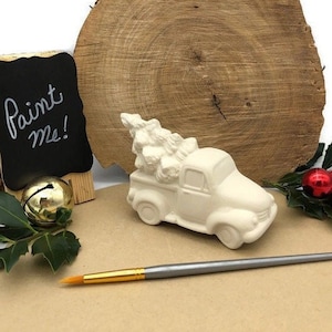 Christmas Vintage Truck Mini, Classic Pick Up with Holiday Tree, Ceramic Bisque Blank, Ready to Paint, DIY Project