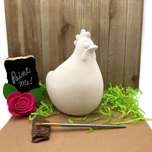 Poulet en céramique, animal de ferme de poule, blanc de biscuit, poterie prête à peindre, projet de bricolage pour enfants et adultes