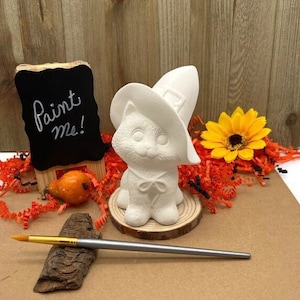 Halloween Cat with Witch&#39;s Hat, Ceramic Bisque Blank, DIY Craft Project