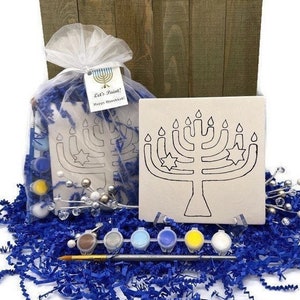 Menorah Craft Kit with Acrylic Paint Set and Paintbrush, Ceramic Bisque, Pottery Painting, Judaica Art, Gift for Hanukkah