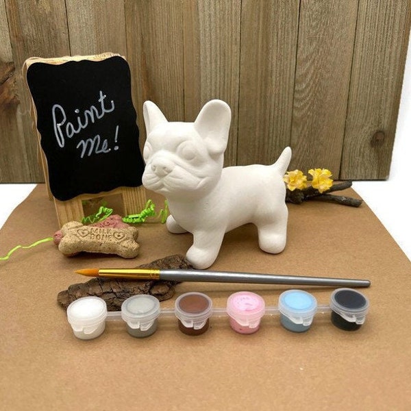 French Bulldog Craft Kit with Acrylic Paint Set,  Ready to Paint Pottery at Home, Ceramic Bisque, Gift for a Frenchie Lover