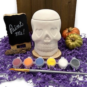 Kit d'artisanat crâne en sucre avec peinture acrylique, décoration d'Halloween et du jour des morts, blanc en céramique prêt à peindre, projet d'artisanat DIY