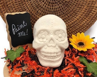 Sugar Skull Coin Bank, Unpainted Ceramic Bisque Blank, Ready to Paint Pottery, DIY Fall Project, Day of the Dead, Dia de los Muertos