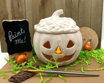 Calabaza de Halloween de cerámica sin terminar, portavelas para manualidades de otoño