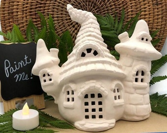 Gnome Castle Lights Up with a Tea Light Candle, Ceramic Bisque Ready to Paint Pottery, DIY Acrylic Paint Project, Arts and Crafts