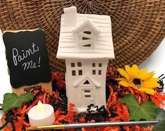 Haunted House Light Up, DIY Halloween Craft, Unpainted Ceramic Bisque Blank, Ready to Paint Pottery, Tea Light Votive Holder