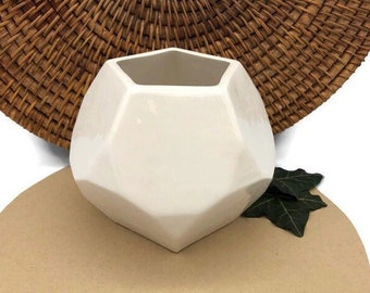 White Geometric Planter - Hand Painted Ceramic - Soft White