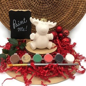 Reindeer Ornament Craft Kit with Acrylic Paint Set, Ceramic Bisque, Pottery Painting, Christmas Stocking Stuffer and Grab Bag Gift