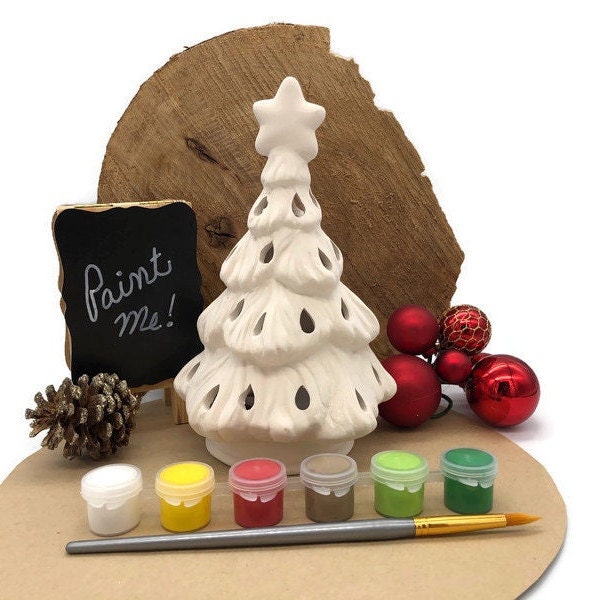 Kit d’artisanat d’arbre de Noël avec ensemble de peinture acrylique, bisque en céramique, peignez votre propre poterie, bougeoir à bougie chauffe-plat, décoration de vacances DIY