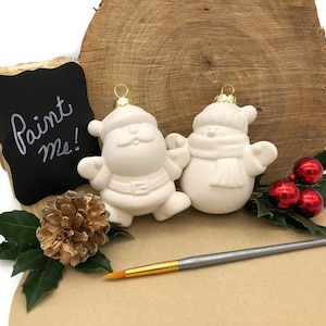Santa Claus and Snowman Ornament Set, Unpainted Ceramic Bisque Blanks, Paint Your Own Pottery, DIY Christmas Ornaments