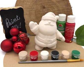 Santa Claus Craft Kit with Acrylic Paint Set, Ready to Paint Ceramic Bisque, Christmas Grab Bag Gift, Stocking Stuffer, DIY Holiday Decor