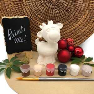 Christmas Reindeer Craft Kit with Acrylic Paint Set and Paintbrush, Ceramic Bisque Blank, Ready to Paint Pottery, DIY Project