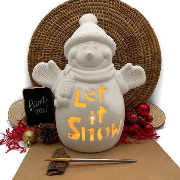 Snowman Light Up with Let it Snow Cutout, Ceramic Bisque Blank, Ready to Paint Pottery, DIY Christmas and Winter Craft Project