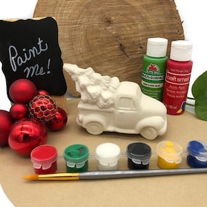 Vintage Pickup Truck with Christmas Tree, Ceramic Bisque, Ready to Paint Pottery, DIY Holiday Craft Project